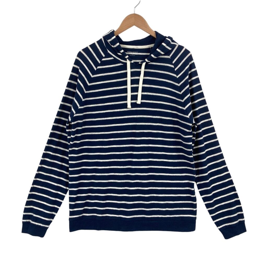 Banana Republic Hoodie Mens L Navy White Striped Ribbed Hem Drawstring Pullover